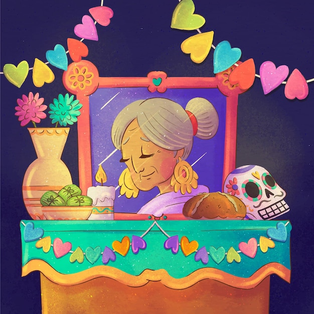 Vecteur gratuit illustration de l'autel de la maison familiale dia de muertos à l'aquarelle