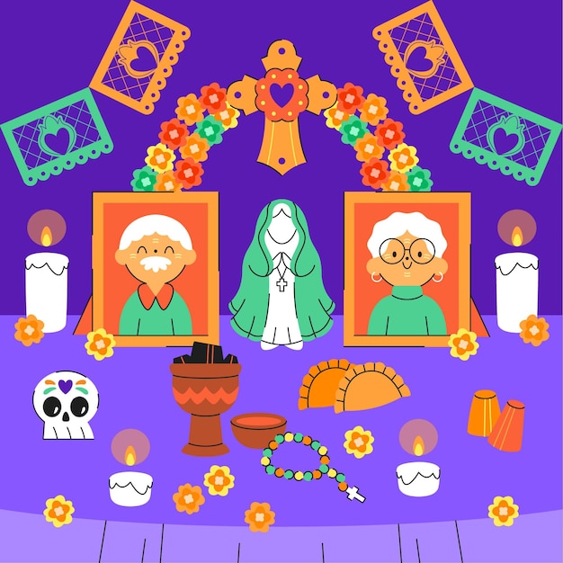 Vecteur gratuit illustration de l'autel de la maison familiale dia de muertos plat dessiné à la main