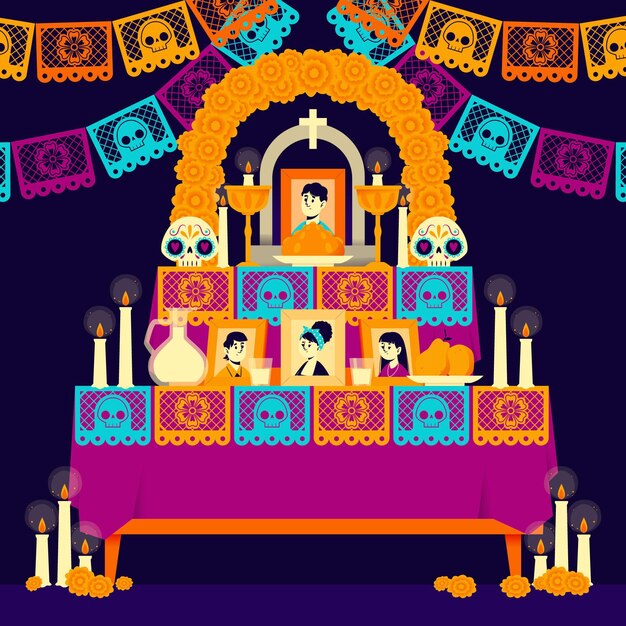 Illustration de l'autel de la maison familiale dia de muertos plat dessiné à la main