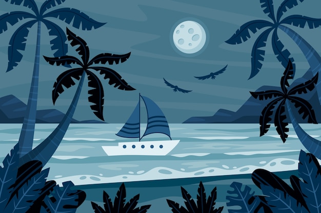 Vecteur gratuit illustration de bateau de nuit d'été dessiné à la main