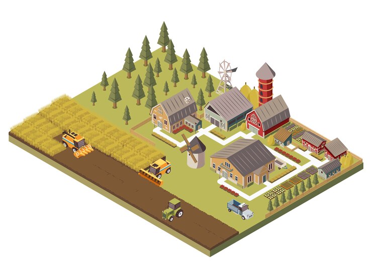 Vecteur gratuit illustration de bâtiments de ferme et de champs cultivés