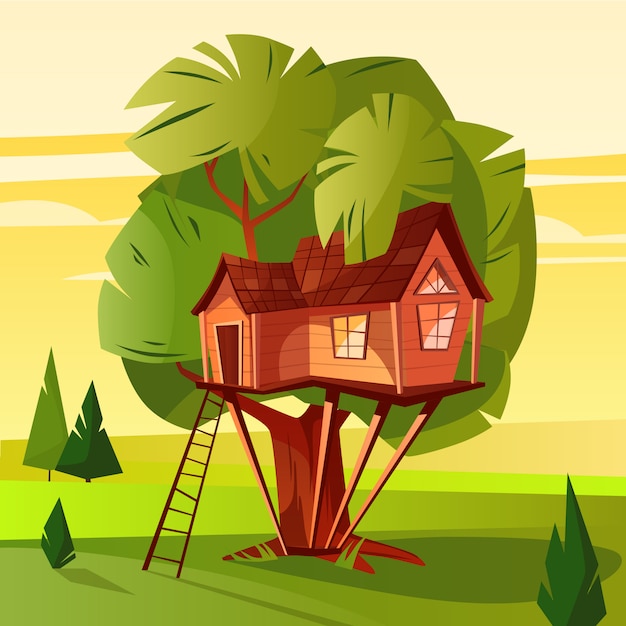 Vecteur gratuit illustration de cabane dans les arbres de cabane en bois avec échelle et fenêtres en forêt.