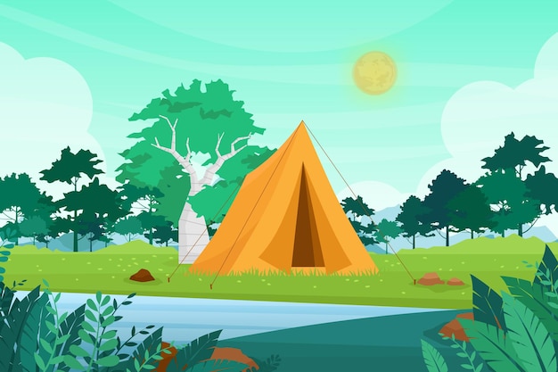 Vecteur gratuit illustration de camping aventure nature en plein air. camp touristique plat de dessin animé avec place de pique-nique et tente entre forêt, paysage de montagne