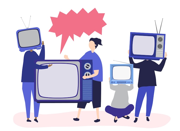 Vecteur gratuit illustration de caractère de personnes avec des icônes de télévision analogique