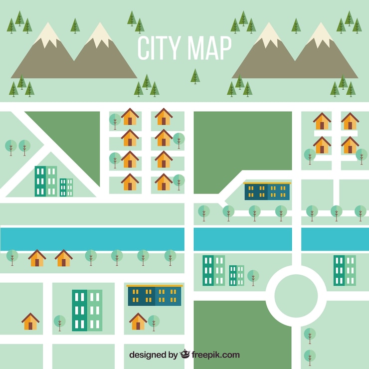 Vecteur gratuit illustration de carte de ville avec des montagnes