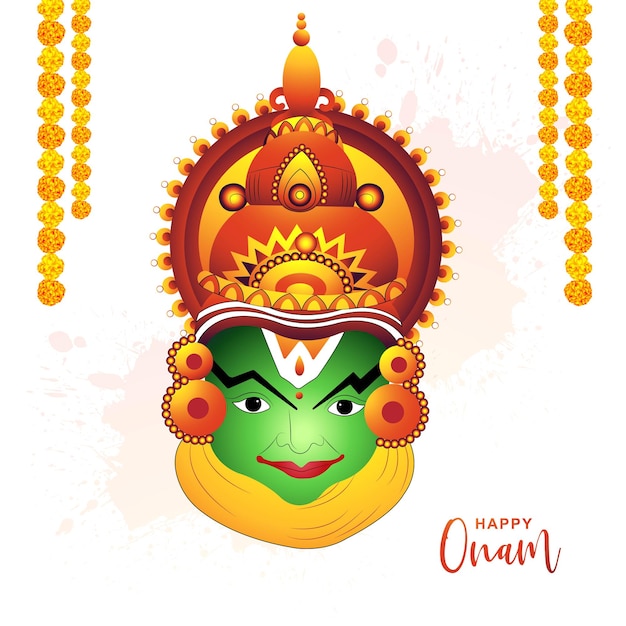 Vecteur gratuit illustration de la carte de voeux pour le festival onam du sud de l'inde avec fond de visage kathakali