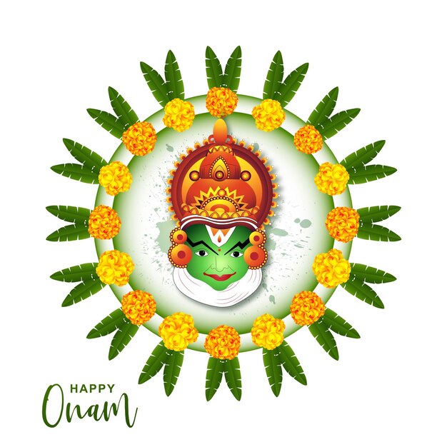 Vecteur gratuit illustration de la carte de voeux pour le festival onam du sud de l'inde avec fond de visage kathakali