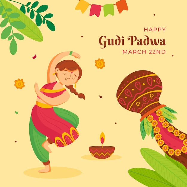 Vecteur gratuit illustration de célébration du festival plat gudi padwa