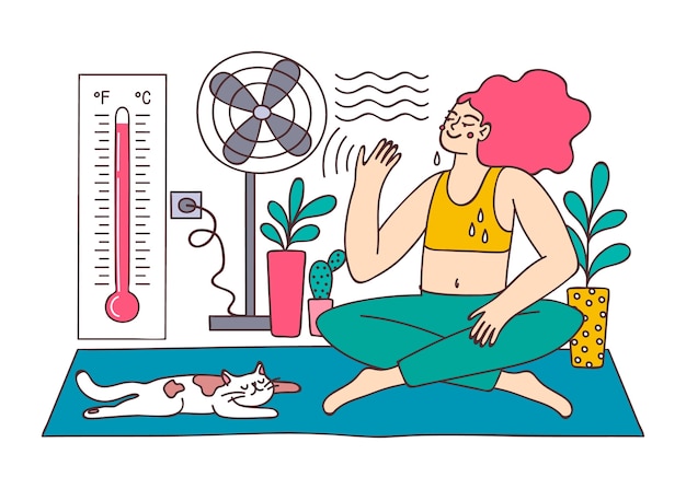 Vecteur gratuit illustration de chaleur estivale dessinée à la main avec une femme devant un ventilateur