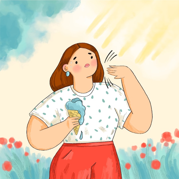 Vecteur gratuit illustration de chaleur estivale dessinée à la main avec une femme mangeant de la glace au soleil