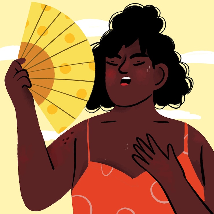 Vecteur gratuit illustration de chaleur estivale dessinée à la main avec une femme tenant un ventilateur à main