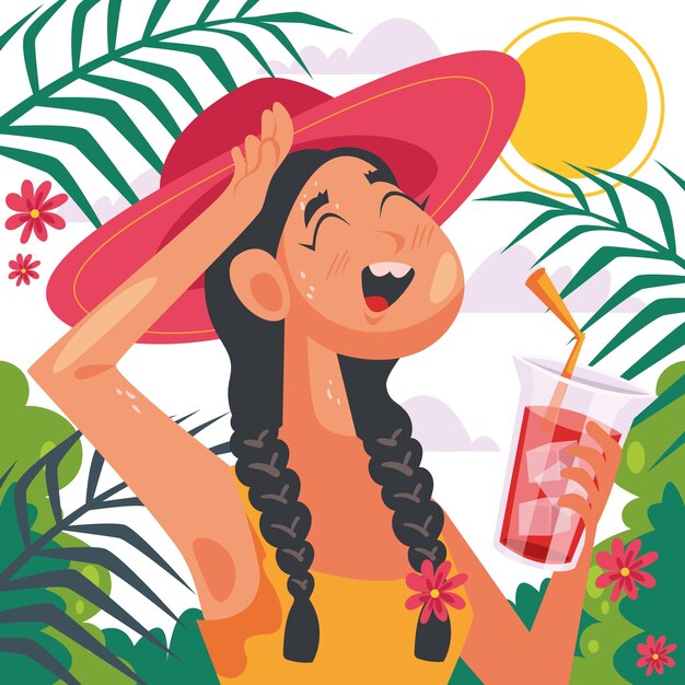 Illustration de chaleur estivale plate avec une femme ayant un cocktail