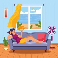 Vecteur gratuit illustration de chaleur estivale plate avec femme sur le canapé avec ventilateur à main