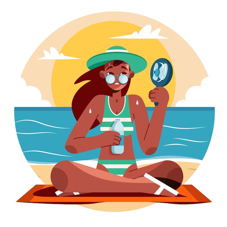 Vecteur gratuit illustration de chaleur estivale plate avec une femme à la plage