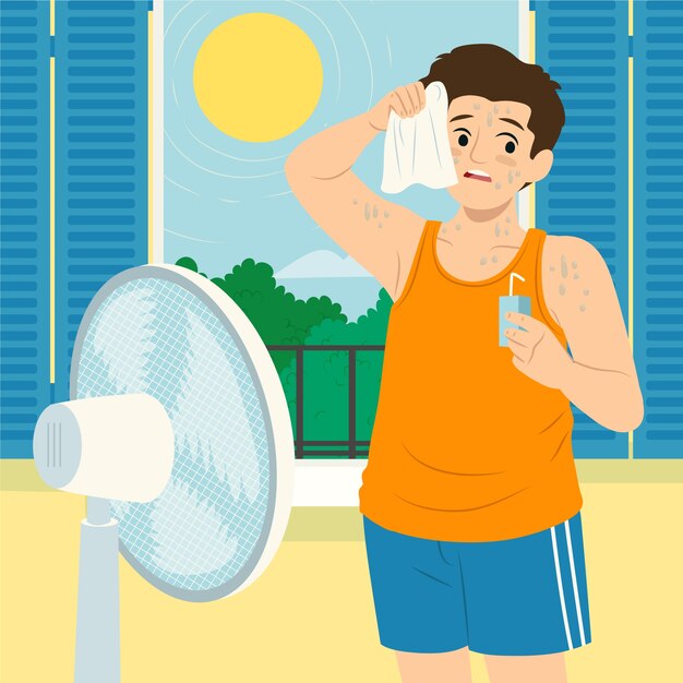 Illustration de chaleur estivale plate avec un homme tenant une boisson devant le ventilateur
