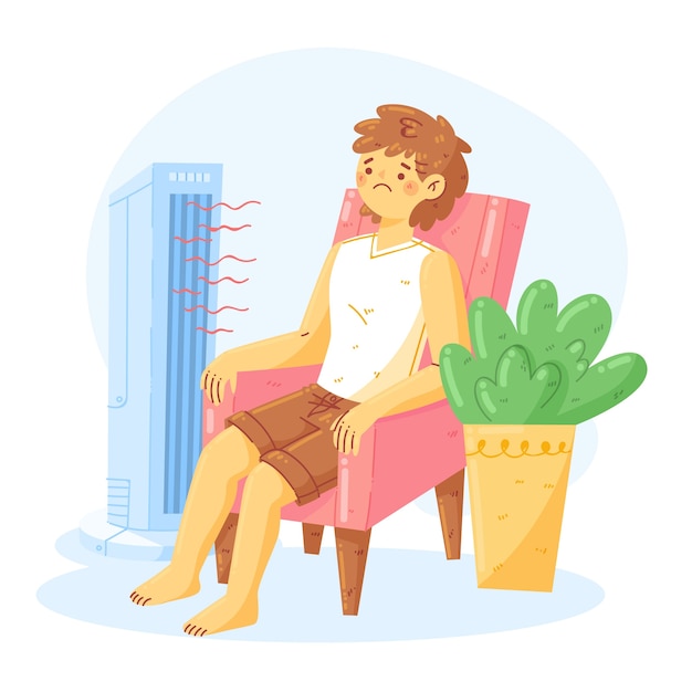 Vecteur gratuit illustration de la chaleur estivale plate avec une personne sur une chaise devant le ventilateur