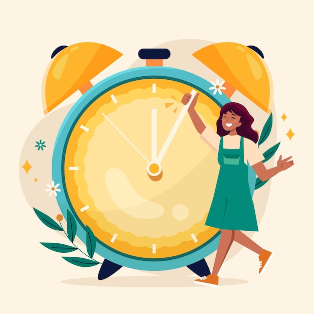 Illustration De Changement De Temps De Printemps Avec Horloge Et Femme