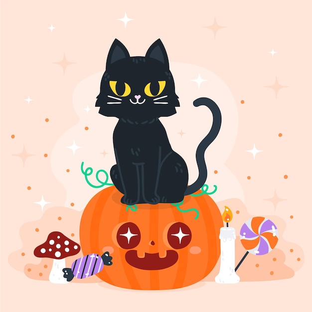 Illustration de chat halloween plat dessiné à la main