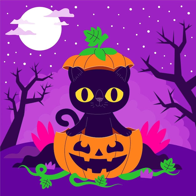 Illustration De Chat Halloween Plat Dessiné à La Main