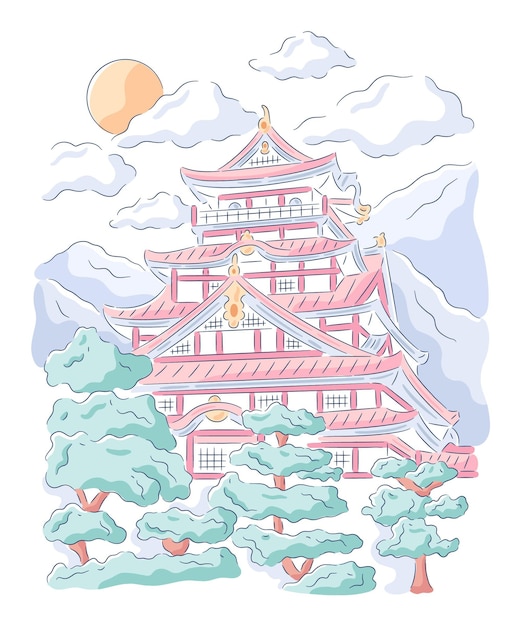 Vecteur gratuit illustration de château japonais traditionnel dessiné à la main
