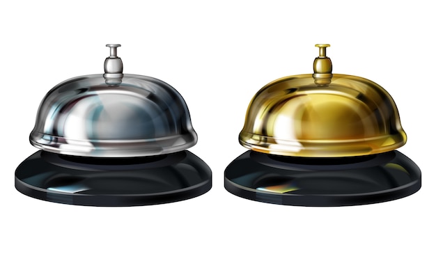 Vecteur gratuit illustration de cloches de service représentant un service de conciergerie 3d réaliste en hôtel ou une réception en or