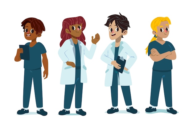 Vecteur gratuit illustration de collection de médecins et infirmières de dessin animé