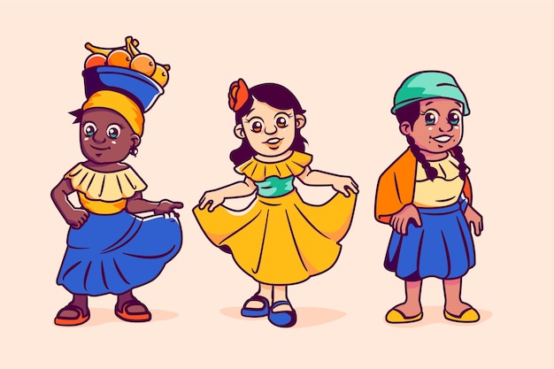 Vecteur gratuit illustration de collection de personnages colombiens dessinés à la main