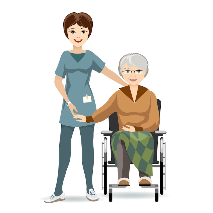 Vecteur gratuit illustration colorée senior woman sitting on wheelchair avec caregiver. isolé sur fond blanc.