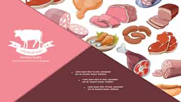 Vecteur gratuit illustration de composition de produits de viande fraîche de dessin animé
