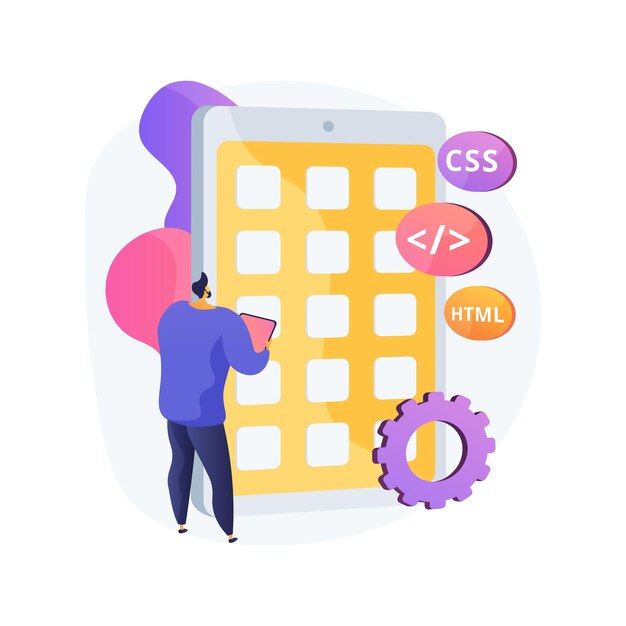 Illustration de concept abstrait application mobile hybride. Application logicielle, application native et application Web, code source, plate-forme cible, exécution hors ligne, directives de conception