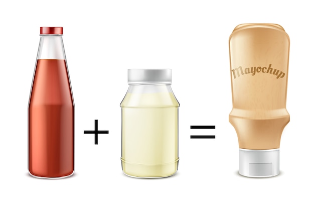 Illustration de concept de recette de sauce. Ketchup de tomates mélangé avec de la mayonnaise pour obtenir mayochup