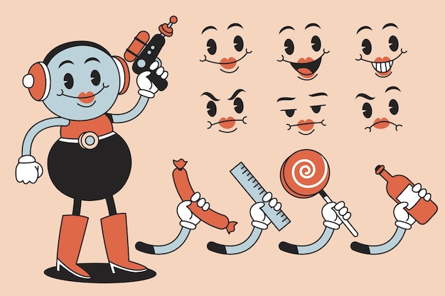 Illustration de constructeur de personnages de dessins animés rétro dessinée à la main.
