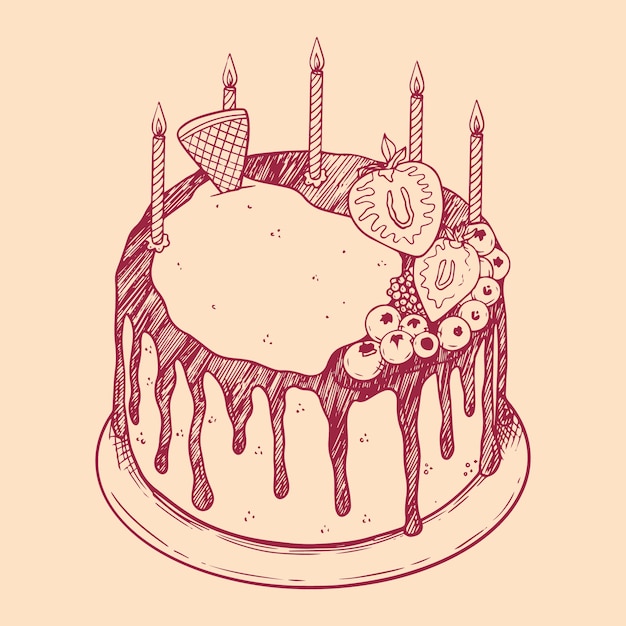 Vecteur gratuit illustration de contour de gâteau d'anniversaire dessiné à la main