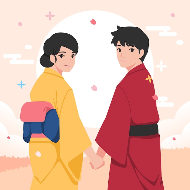 Vecteur gratuit illustration de couple asiatique dessiné à la main