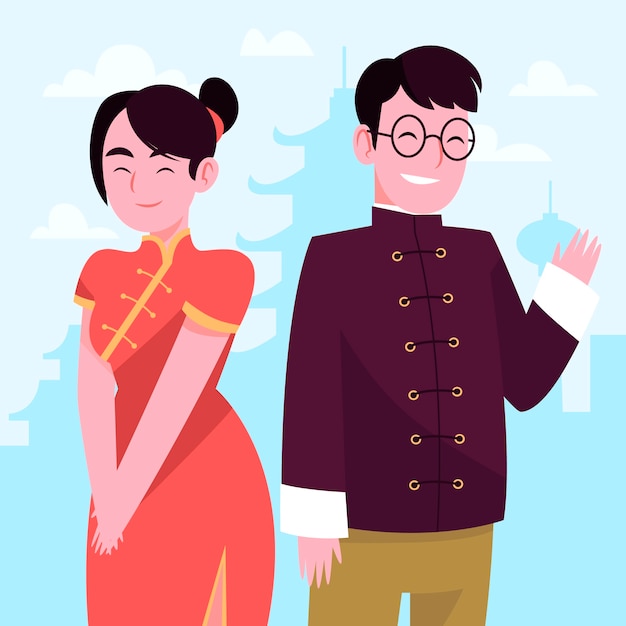 Vecteur gratuit illustration de couple asiatique dessiné à la main