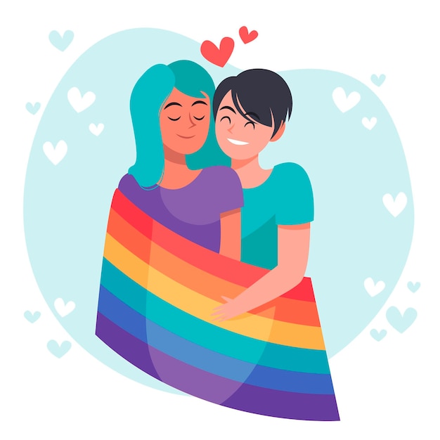 Illustration de couple lesbien plat organique avec drapeau lgbt