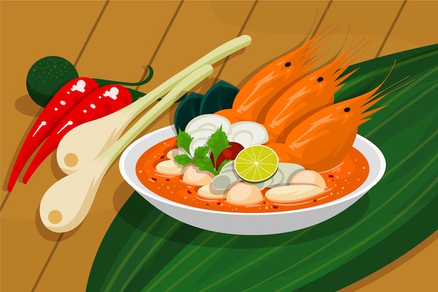 Vecteur gratuit illustration de cuisine thaïlandaise design plat dessiné à la main