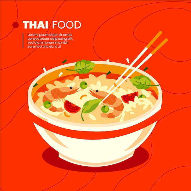 Illustration de cuisine thaïlandaise design plat dessiné à la main