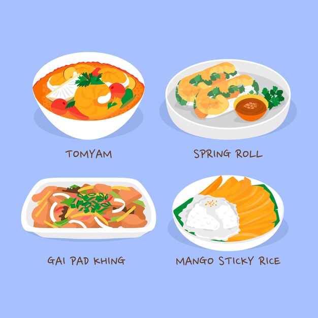 Illustration de cuisine thaïlandaise design plat dessiné à la main