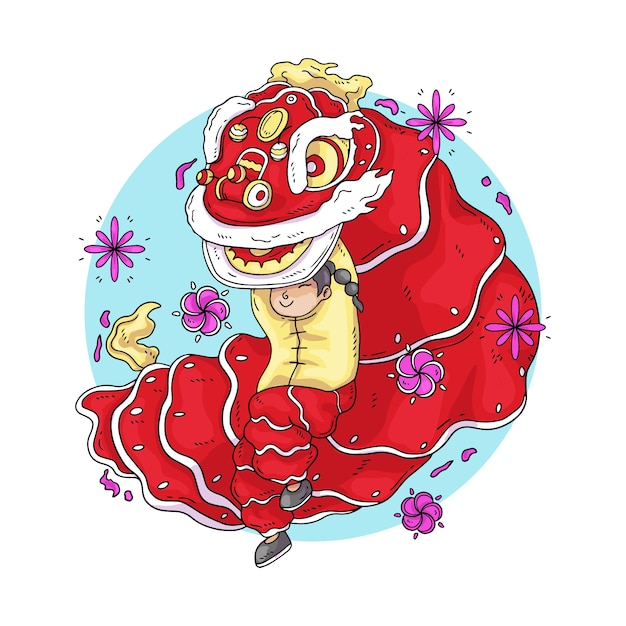 Vecteur gratuit illustration de danse du lion du nouvel an chinois dessiné à la main