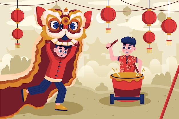 Illustration de danse du lion plat du nouvel an chinois