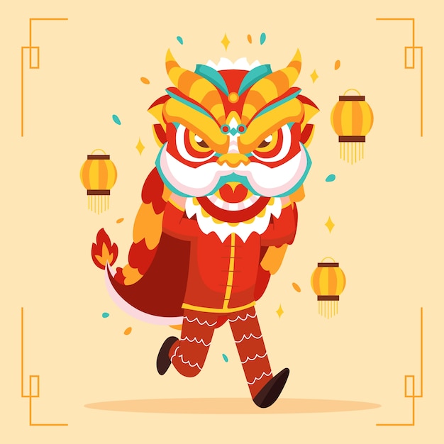 Vecteur gratuit illustration de danse du lion plat nouvel an chinois