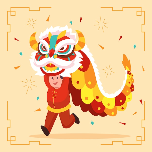 Vecteur gratuit illustration de danse du lion plat nouvel an chinois