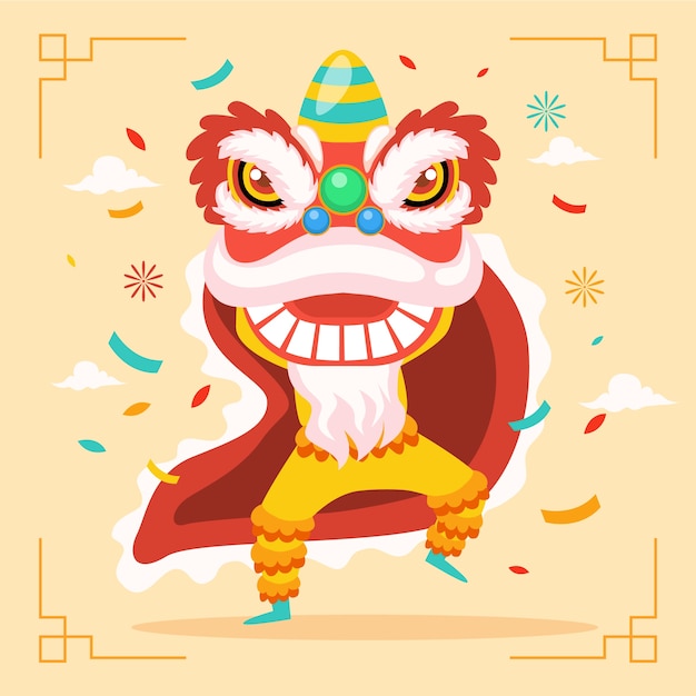 Vecteur gratuit illustration de danse du lion plat nouvel an chinois