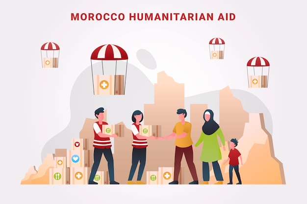 Vecteur gratuit illustration dégradée pour l'aide humanitaire lors du tremblement de terre au maroc avec des boîtes de parachute et des personnes