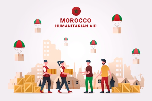Vecteur gratuit illustration dégradée pour l'aide humanitaire lors du tremblement de terre au maroc avec des boîtes de parachute et des personnes