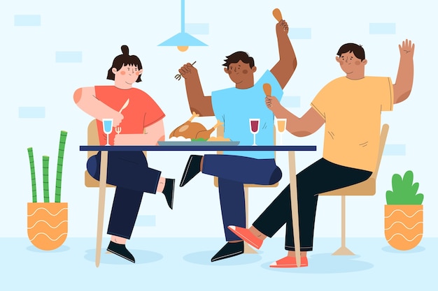 Illustration design plat personnes mangeant ensemble