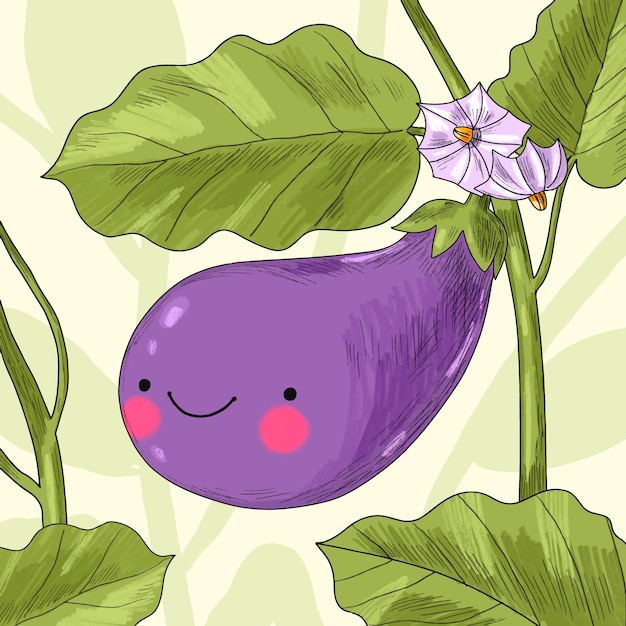 Illustration De Dessin Animé D'aubergine Dessinée à La Main