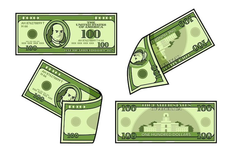 Vecteur gratuit illustration de dessin animé de billet de 100 dollars dessinés à la main