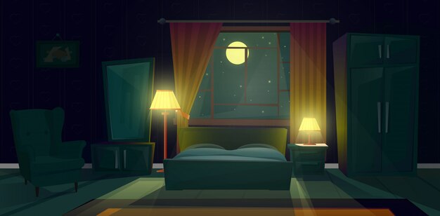 illustration de dessin animé d&#39;une chambre confortable dans la nuit. Intérieur moderne du salon avec lit double